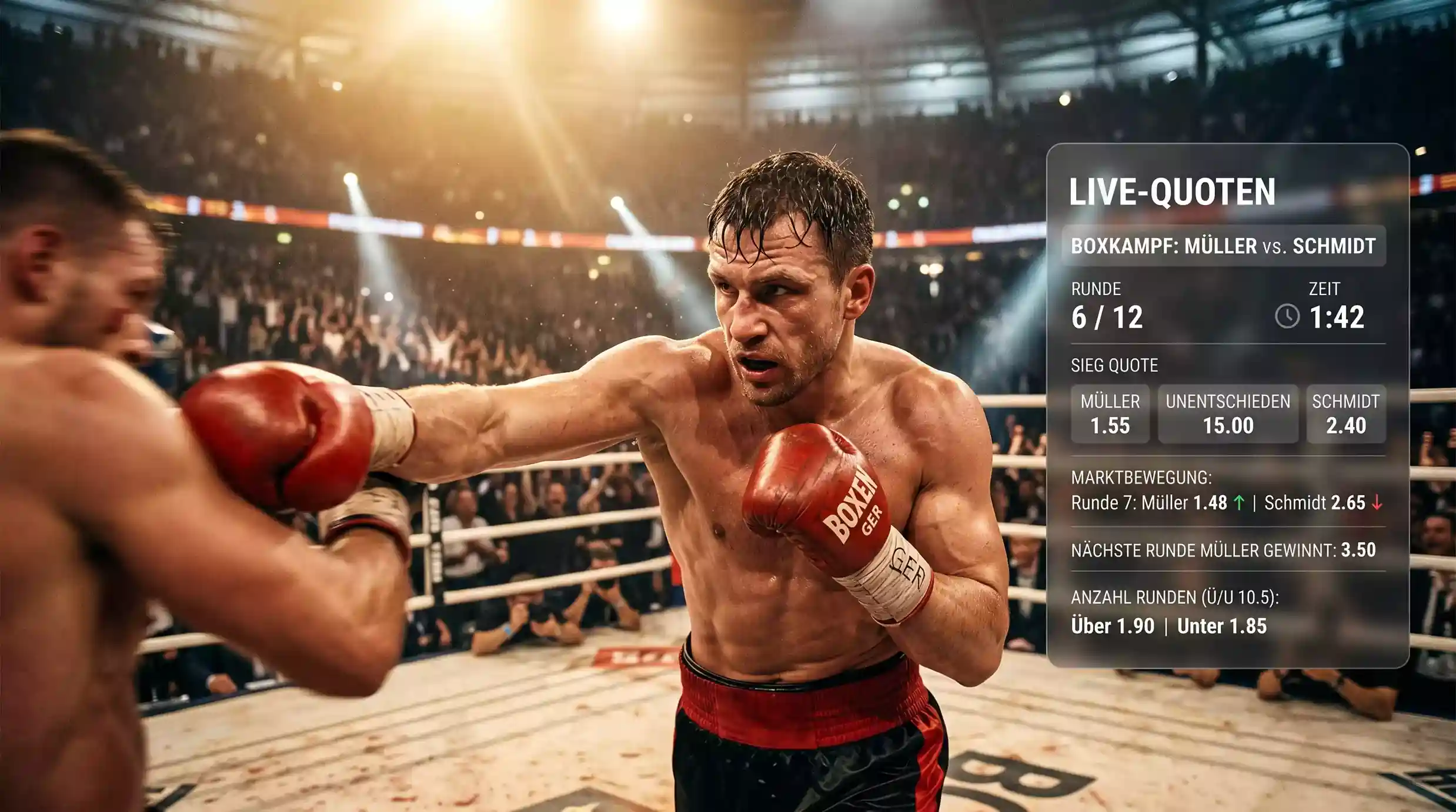 Boxen Live Wetten in Echtzeit: In-Play-Wettmarkt während eines professionellen Boxkampfes mit dynamischen Quoten