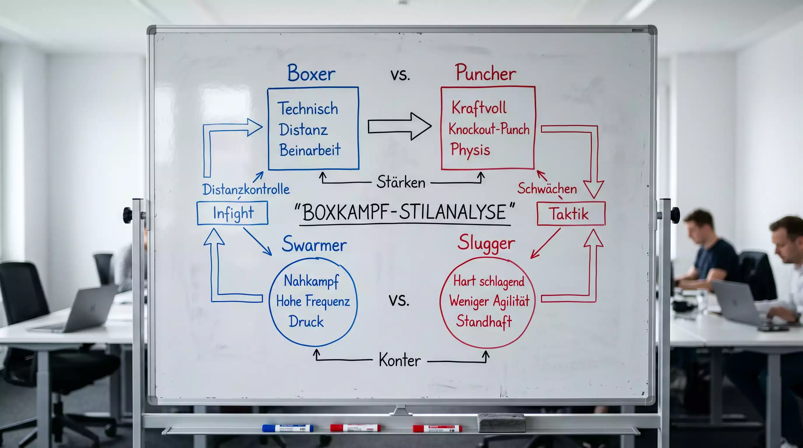 Kampfstilanalyse für Boxen Wetten: Taktiktafel zeigt die Stilkonstellationen Boxer vs. Puncher, Swarmer vs. Slugger mit Wettmarkt-Empfehlungen