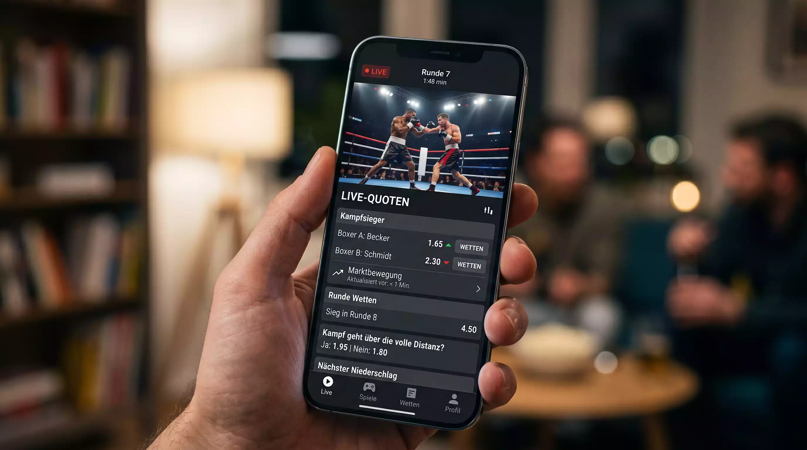 Mobile App für Boxen Live Wetten: Smartphone mit geöffneter Wetten-App zeigt Live-Quoten und Stream-Integration während eines Boxkampfes
